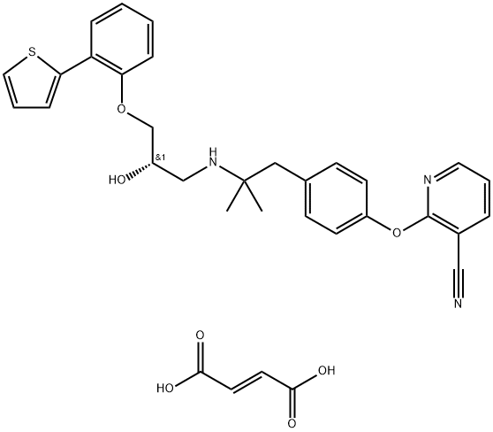 3-Pyridinecarbonitrile, 2-[4-[2-[[(2S)-2-hydroxy-3-[2-(2-thienyl)phenoxy]propyl]amino]-2-methylpropyl]phenoxy]-, (2E)-2-butenedioate (2:1) (salt) 结构式