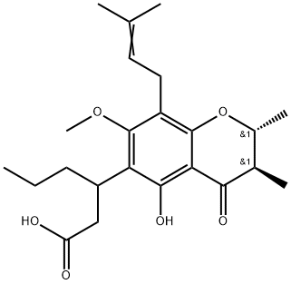 3,4-Dihydro-5-hydroxy-2,3,8,8-tetramethyl-4-oxo-β-propyl-2H,8H-benzo[1,2-b:3,4-b']dipyran-6-propanoic acid 结构式