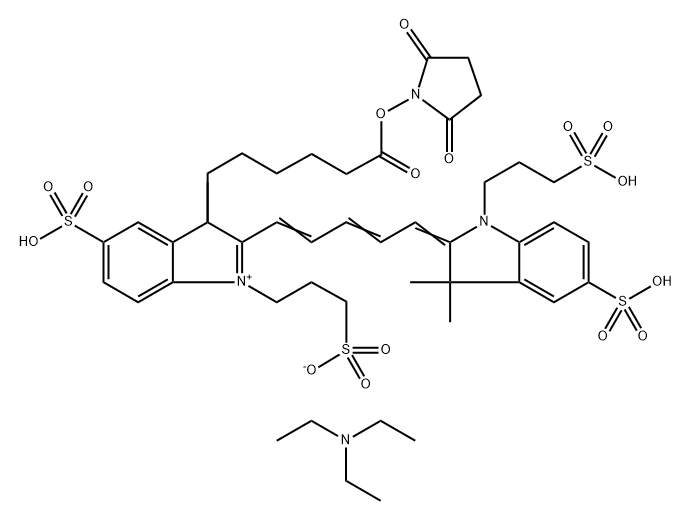 3H-Indolium, 2-[5-[1,3-dihydro-3,3-dimethyl-5-sulfo-1-(3-sulfopropyl)-2H-indol-2-ylidene]-1,3-pentadien-1-yl]-3-[6-[(2,5-dioxo-1-pyrrolidinyl)oxy]-6-oxohexyl]-3-methyl-5-sulfo-1-(3-sulfopropyl)-, inner salt, compd. with N,N-diethylethanamine (1:3) 结构式