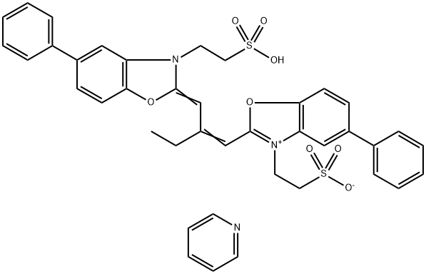 2-[5-苯基-2-[2-[5-苯基-3-(2-磺酸根乙基)苯并唑啉-2-亚基甲基]-1-丁烯基]-3-苯并唑啉基]乙磺吡啶5/2水合物 结构式