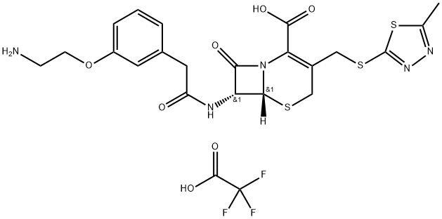 (6R-反式)-7-[[[3-(2-氨基乙氧基)苯基]乙酰基]氨基]-3-[[(5-甲基-1,3,4-噻二唑-2-基)硫代]甲基]-8-氧代-5-硫杂-1-氮杂双环[4.2.0]辛-2-烯-2-羧酸三氟乙酸盐 结构式