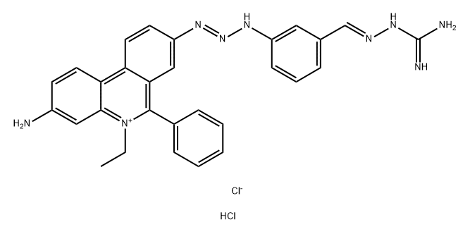 Phenanthridinium, 3-amino-8-(3-(3-(((aminoiminomethyl)hydrazono)methyl)phenyl)-1-triazenyl)-5-ethyl-6-phenyl-, chloride, monohydrochloride 结构式