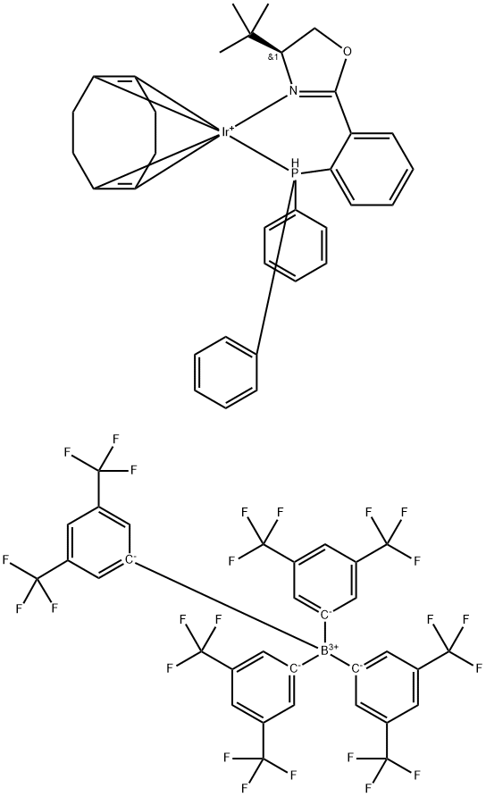 (1,2,5,6-Η)-1,5-环辛二烯][(4S)-4-叔丁基-2-[2-(二苯基膦-ΚP)苯基]-4,5-二氢恶唑-ΚN3]-四[3,5-双(三氟甲基)苯基]硼酸铱 结构式