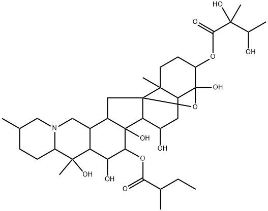 4α,9-Epoxycevane-3β,4,7α,14,15α,16β,20-heptol 3-[(2R,3R)-2,3-dihydroxy-2-methylbutanoate]15-[(R)-2-methylbutanoate] 结构式