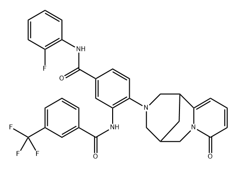 N-(2-fluorophenyl)-4-((1R,5S)-8-oxo-1,5,6,8-tetrahydro-2H-1,5-methanopyrido[1,2-a][1,5]diazocin-3(4H)-yl)-3-(3-(trifluoromethyl)benzamido)benzamide 结构式