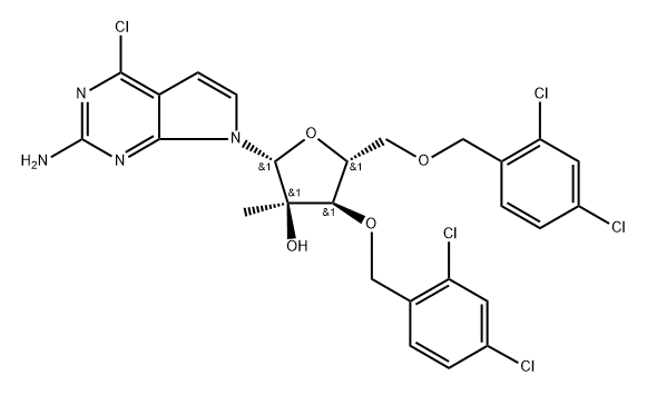 7-[3,5-Bis-O-[(2,4-dichlorophenyl)methyl]-2-C-methyl-beta-D-ribofuranosyl]-4-chloro-7H-pyrrolo[2,3-d]pyrimidin-2-amine 结构式