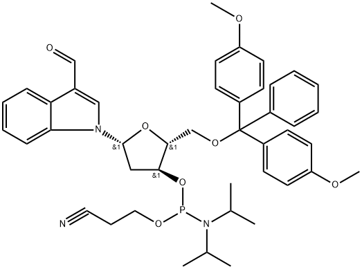 5'-O-(4,4'-Dimethoxytrityl)-2'-deoxy-3-formylindole-ribofuranosyl-3'-[(2-cyano ethyl)-(N,N-diisopropyl)]-phosphoramidite 结构式