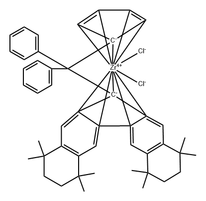 二氯[(Η5-2,4-环戊二烯-1-亚基)(二苯基亚甲基)[(5A,5B,11A,12,12A-Η)-1,2,3,4,7,8,9,10-八氢-1,1,4,4,7,7,10,10-八甲基-12H-二苯并[B,H]芴-12-亚基]]锆 结构式
