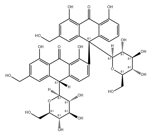 [2,9'-Bianthracene]-9,10'(9'H,10H)-dione, 9',10-di-β-D-glucopyranosyl-1,4',5',8-tetrahydroxy-2',6-bis(hydroxymethyl)-, (9'S,10S)- (9CI) 结构式
