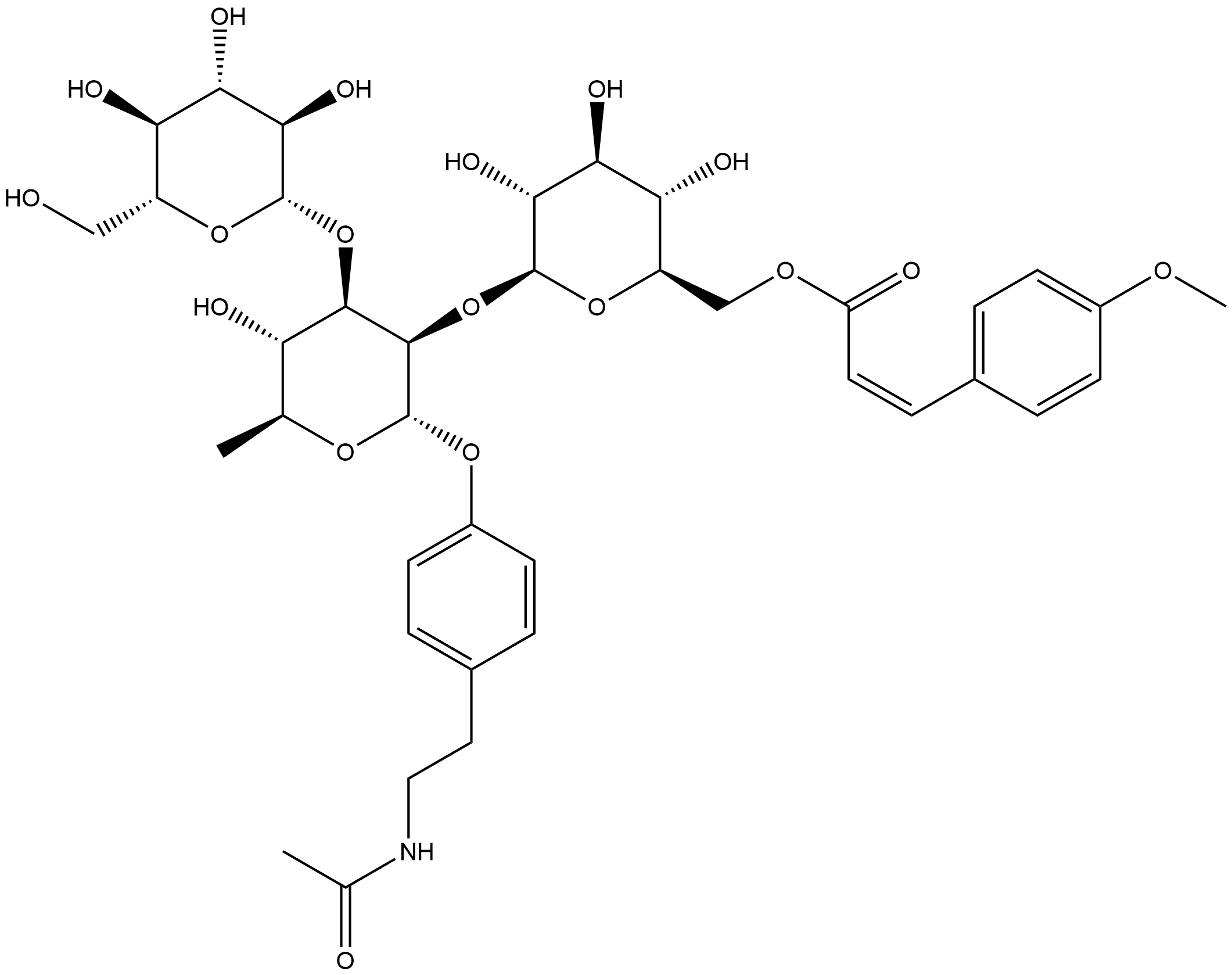 4-乙酰胺基乙基苯基1-O-[6-O-P-甲氧基香豆酰基-Β-D-吡喃葡萄糖基(1→2)-[Β-D-吡喃葡萄糖基(1→3)]-Α-L-吡喃鼠李糖苷 结构式