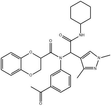 1H-Pyrazole-4-acetamide,alpha-[(3-acetylphenyl)[(2,3-dihydro-1,4-benzodioxin-2-yl)carbonyl]amino]-N-cyclohexyl-1,3-dimethyl-(9CI) 结构式