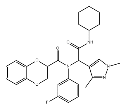 1H-Pyrazole-4-acetamide,N-cyclohexyl-alpha-[[(2,3-dihydro-1,4-benzodioxin-2-yl)carbonyl](3-fluorophenyl)amino]-1,3-dimethyl-(9CI) 结构式