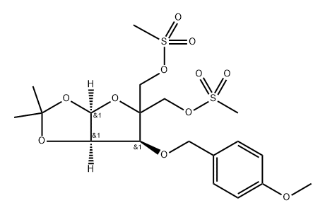 3-O-(4-Methoxybenzyl)-5-O-methylsulfonyl-4-C-methylsulfonyloxymethyl-1,2-O-isopropylidine-alpha-D-ribofuranose 结构式