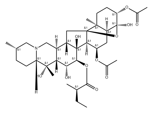 4α,9-Epoxycevane-3β,4,7α,14,15α,16β,20-heptol 3,7-diacetate 15-[(R)-2-methylbutanoate] 结构式