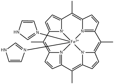 Iron(1+), bis(1H-imidazole-N3)5,10,15,20-tetramethyl-21H,23H-porphinato(2-)-N21,N22,N23,N24-, (OC-6-12)- 结构式