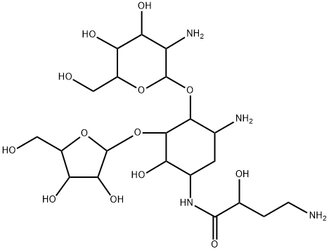 4-O-(2-Amino-2-deoxy-α-D-glucopyranosyl)-5-O-β-D-xylofuranosyl-N-[(S)-4-amino-2-hydroxybutyryl]-2-deoxy-D-streptamine 结构式