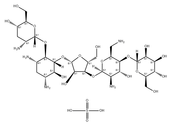 d-Streptamine, O-2-amino-2,3-dideoxy-alpha-d-ribo-hexopyranosyl-(1->4)-O-[O-alpha-d-mannopyranosyl-(1->4)-O-2,6-diamino-2,6-dideoxy-beta-l-idopyranosyl-(1->3)-beta-d-ribofuranosyl-(1->5)]-2-deoxy-, sulfate (salt) 结构式