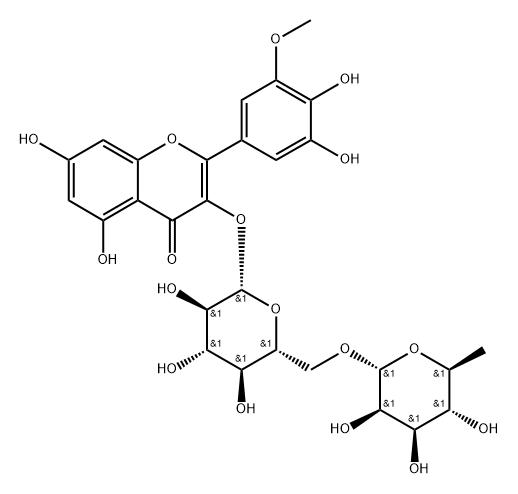 4H-1-Benzopyran-4-one, 3-[[6-O-(6-deoxy-α-L-mannopyranosyl)-β-D-glucopyranosyl]oxy]-2-(3,4-dihydroxy-5-methoxyphenyl)-5,7-dihydroxy- 结构式