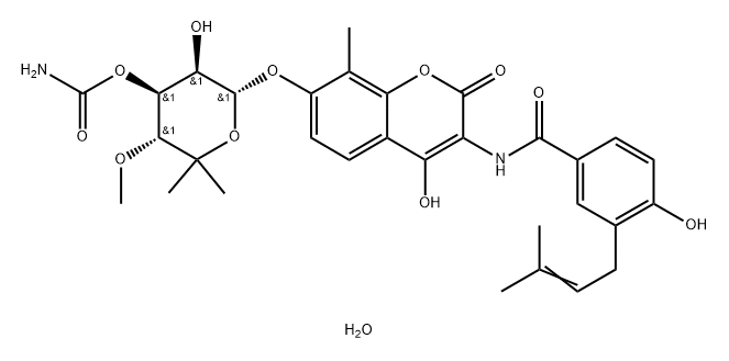 Benzamide, N-[7-[[3-O-(aminocarbonyl)-6-deoxy-5-C-methyl-4-O-methyl-α-L-lyxo-hexopyranosyl]oxy]-4-hydroxy-8-methyl-2-oxo-2H-1-benzopyran-3-yl]-4-hydroxy-3-(3-methyl-2-butenyl)-, monohydrate (9CI) 结构式