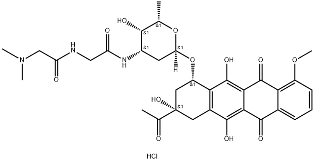 5,12-Naphthacenedione, 8-acetyl-7,8,9,10-tetrahydro-6,8,11-trihydroxy- 1-methoxy-10-((2,3,6-trideoxy-3-((N-(N,N-dimethylglycyl)glycyl)amino)- alpha-L-lyxo-hexopyranosyl)oxy)-, monohydrochloride, (8S-cis)- 结构式