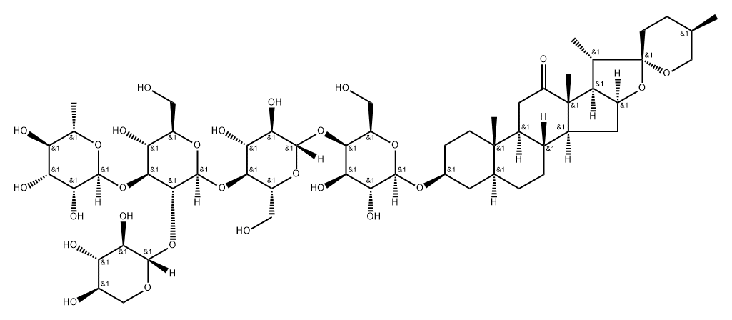 (25R)-3β-[[4-O-[4-O-[2-O-[3-O-(6-Deoxy-α-L-mannopyranosyl)-β-D-xylopyranosyl]-β-D-glucopyranosyl]-β-D-glucopyranosyl]-β-D-galactopyranosyl]oxy]-5α-spirostan-12-one 结构式