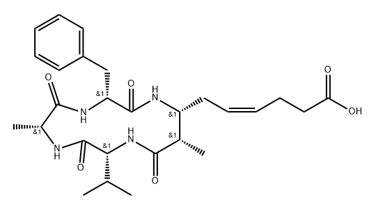 Cyclo[D-alanyl-D-phenylalanyl-(2S,3R,5Z)-3-amino-8-carboxy-2-methyl-5-octenoyl-D-valyl] 结构式