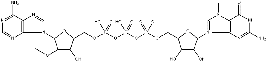 2-氨基-9-(5-(((((((((5-(6-氨基-9H-嘌呤-9-基)-3-羟基-4-甲氧基四氢呋喃-2-基)甲氧基)(羟基)磷酰基)氧基)(羟基)磷酰基)氧基)氧化磷酰基(氧基)甲基)-3,4-二羟基四氢呋喃-2-基)-7-甲基-6-氧代-6,9-二氢-3H-嘌呤-7-鎓 结构式