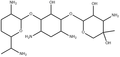 (+)-4-O-(2,6-Diamino-2,3,4,6,7-pentadeoxy-α-D-ribo-heptopyranosyl)-6-O-(3-amino-4-C-methyl-3-deoxy-β-L-arabino-pentopyranosyl)-2-deoxy-D-streptamine 结构式