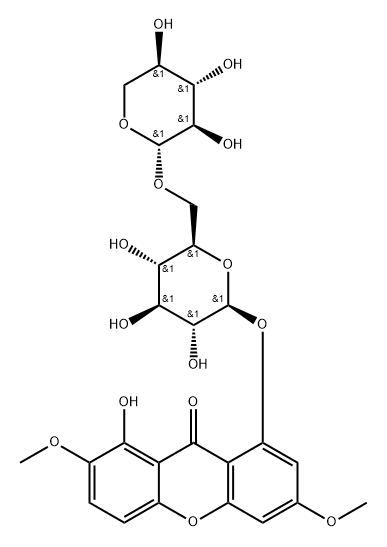 1-O-[Β-D-吡喃木糖-(1-6)-Β-D-吡喃葡萄糖苷]-8-羟基-3,7-二甲氧基口山酮 结构式