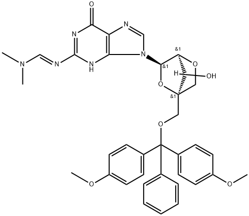 Methanimidamide, N'-[9-[2,5-anhydro-4-C-[[bis(4-methoxyphenyl)phenylmethoxy]methyl]-β-D-lyxofuranosyl]-6,9-dihydro-6-oxo-1H-purin-2-yl]-N,N-dimethyl- (9CI) 结构式
