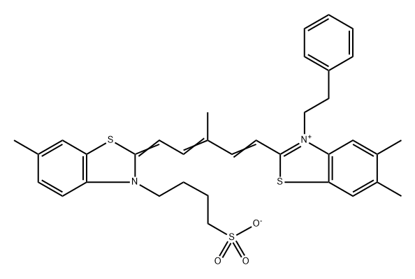 4-[2-[5-(5,6-二甲基-3-苯乙基苯并噻唑-2-亚基)-3-甲基-1,3-戊二烯基]-6-甲基-3-苯并噻唑基]丁磺酸酯(盐) 结构式