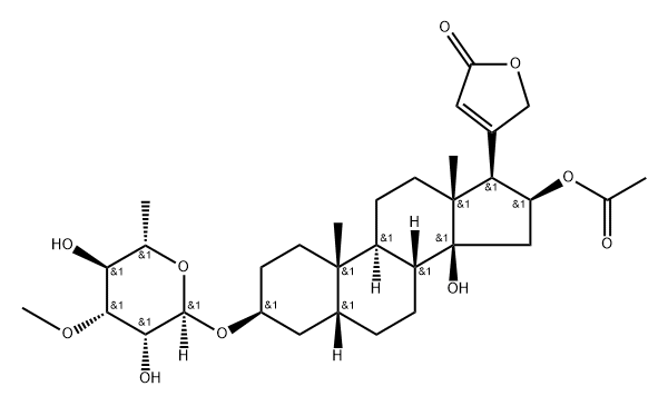 16β-Acetoxy-3β-[(6-deoxy-3-O-methyl-α-L-mannopyranosyl)oxy]-14-hydroxy-5β-card-20(22)-enolide 结构式