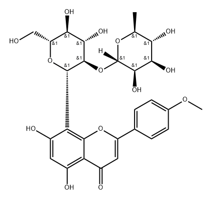 4H-1-Benzopyran-4-one, 8-[2-O-(6-deoxy-α-L-mannopyranosyl)-β-D-glucopyranosyl]-5,7-dihydroxy-2-(4-methoxyphenyl)- 结构式