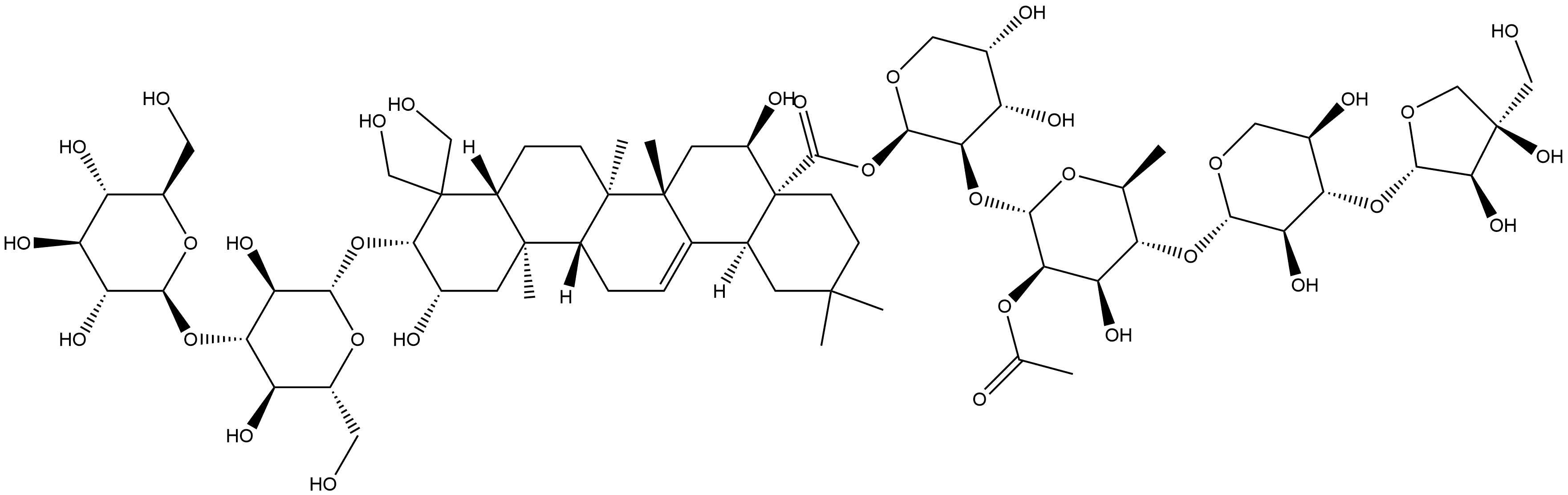 Olean-12-en-28-oic acid, 3-[(3-O-β-D-glucopyranosyl-β-D-glucopyranosyl)oxy]-2,16,23,24-tetrahydroxy-, O-D-apio-β-D-furanosyl-(1→3)-O-β-D-xylopyranosyl-(1→4)-O-2-O-acetyl-6-deoxy-α-L-mannopyranosyl-(1→2)-β-L-arabinopyranosyl ester, (2β,3β,16α)- (9CI) 结构式