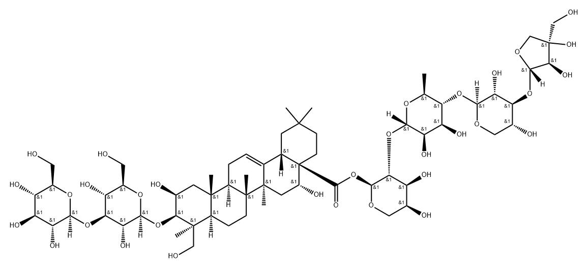 Olean-12-en-28-oic acid, 3-[(3-O-β-D-glucopyranosyl-β-D-glucopyranosyl)oxy]-2,16,23-trihydroxy-, O-D-apio-β-D-furanosyl-(1→3)-O-β-D-xylopyranosyl-(1→4)-O-6-deoxy-α-L-mannopyranosyl-(1→2)-α-L-arabinopyranosyl ester, (2β,3β,4β,16α)- 结构式