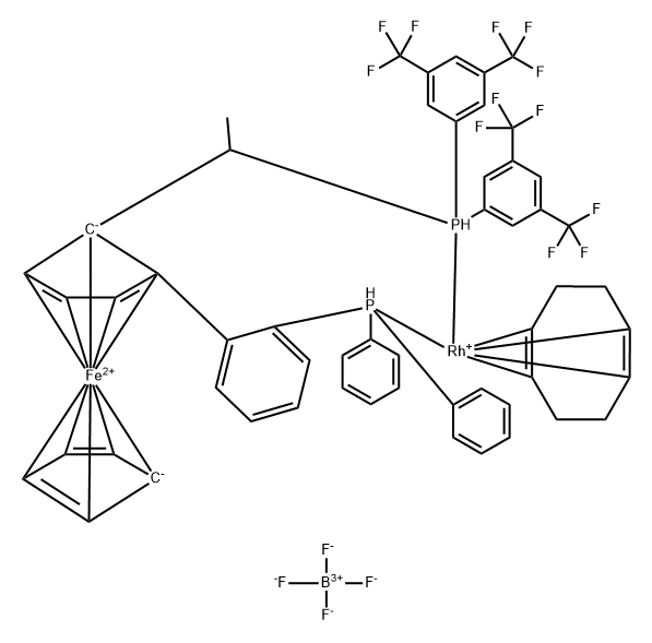 (R)-1-[(R)-2-(2''-DIPHENYLPHOSPHINOPHENYL)-FERROCENYL]-ETHYLDI-(BIS-3,5-TRIFLUOROMETHYLPHENYL)-PHOSPHINE-(1,5-CYCLOOCTADIENE)-RHODIUM(I)]-TETRAFLUOROBORATE 结构式