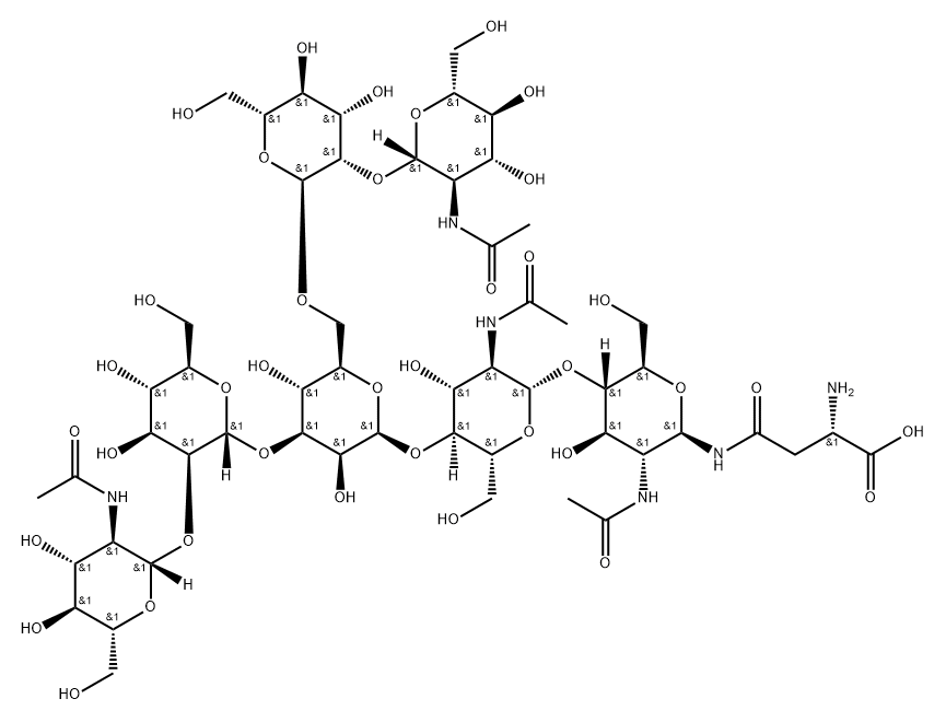 L-Asparagine, N-[O-2-(acetylamino)-2-deoxy-β-D-glucopyranosyl-(1→2)-O-α-D-mannopyranosyl-(1→3)-O-[O-2-(acetylamino)-2-deoxy-β-D-glucopyranosyl-(1→2)-α-D-mannopyranosyl-(1→6)]-O-β-D-mannopyranosyl-(1→4)-O-2-(acetylamino)-2-deoxy-β-D-glucopyranosyl-(1→4)-2-(acetylamino)-2-deoxy-β-D-glucopyranosyl]- 结构式