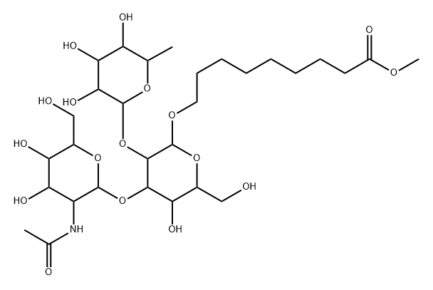 9-[[O-2-(乙酰氨基)-2-脱氧-ALPHA-D-吡喃半乳糖基-(1-3)-O-[6-脱氧-ALPHA-L-吡喃半乳糖基-(1-2)]-BETA-D-吡喃半乳糖基]氧基]壬酸甲酯 结构式