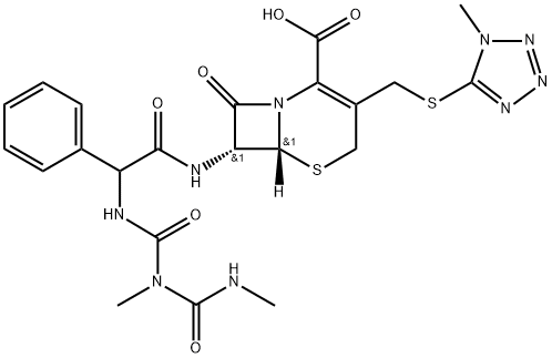 (6R)-7α-[[[[(1,3-Dimethylureido)carbonyl]amino]phenylacetyl]amino]-3-[[(1-methyl-1H-tetrazol-5-yl)thio]methyl]-8-oxo-5-thia-1-azabicyclo[4.2.0]oct-2-ene-2-carboxylic acid 结构式