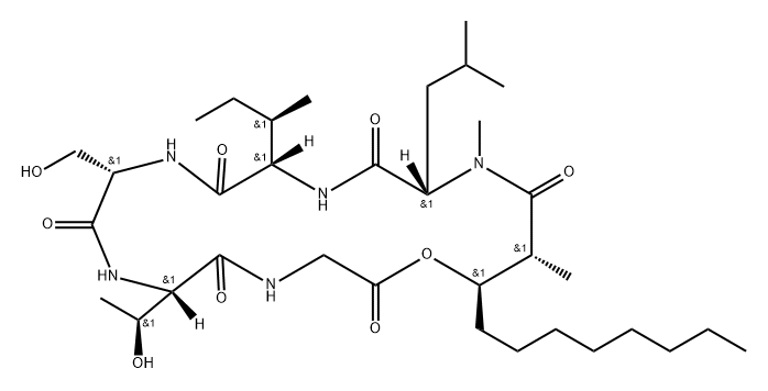 Cyclo[Gly-3-hydroxy*-2-methyl-1-oxoundecyl-N-methyl-L-Leu-L-aIle-L-Ser-L-aThr-] 结构式