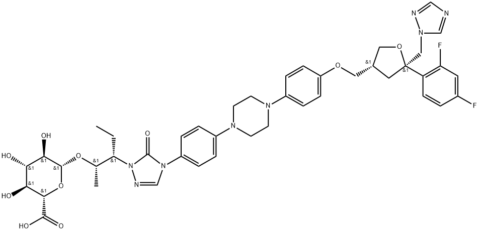 D-threo-Pentitol, 2,5-anhydro-1,3,4-trideoxy-2-C-(2,4-difluorophenyl)-4-[[4-[4-[4-[1-[(1S,2S)-1-ethyl-2-(β-D-glucopyranuronosyloxy)propyl]-1,5-dihydro-5-oxo-4H-1,2,4-triazol-4-yl]phenyl]-1-piperazinyl]phenoxy]methyl]-1-(1H-1,2,4-triazol-1-yl)- 结构式