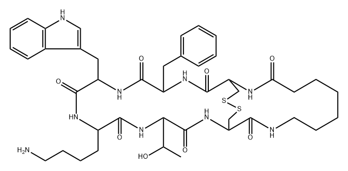 cyclo(aminoheptanoic acid-cyclo(cysteinyl-phenylalanyl-D-tryptophyl-lysyl-threonyl-cysteinyl)) 结构式