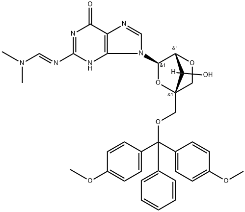 Methanimidamide, N'-[9-[2,5-anhydro-4-C-[[bis(4-methoxyphenyl)phenylmethoxy]methyl]-α-L-lyxofuranosyl]-6,9-dihydro-6-oxo-1H-purin-2-yl]-N,N-dimethyl- 结构式