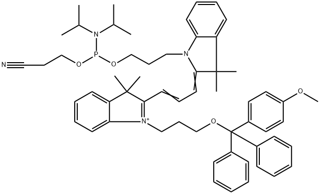 3H-Indolium, 2-[3-[1-[3-[[[bis(1-methylethyl)amino](2-cyanoethoxy)phosphino]oxy]propyl]-1,3-dihydro-3,3-dimethyl-2H-indol-2-ylidene]-1-propen-1-yl]-1-[3-[(4-methoxyphenyl)diphenylmethoxy]propyl]-3,3-dimethyl- 结构式