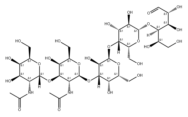 O-2-(乙酰氨基)-2-脱氧-ALPHA-D-吡喃半乳糖基-(1-3)-O-2-(乙酰氨基)-2-脱氧-BETA-D-吡喃半乳糖基-(1-3)-O-ALPHA-D-吡喃半乳糖基-(1-4)-O-BETA-D-吡喃半乳糖基-(1-4)-D-葡萄糖 结构式