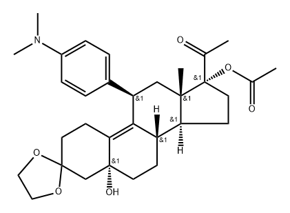 (1R,5aR,10R,11aS)-1-acetyl-10-[4-(dimethylamino)phenyl]-5a-hydroxy-11a-methyl-3,3a,3b,4,5,6,8,9,10,11-decahydro-2H-spiro[cyclopenta[a]phenanthrene-7,2'-[1,3]dioxolan]-1-yl acetate 结构式