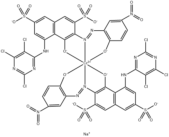 二[4-羟基-3-[(2-羟基-5-硝基苯基)偶氮]-5-[(2,5,6-三氯-4-嘧啶基)氨基]-2,7-萘二磺酸根合(4-)]铬酸(5-)五钠 结构式