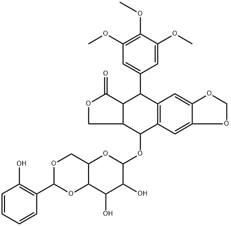 (5R,5aα)-5α,8,8aβ,9α-Tetrahydro-9β-[[4-O,6-O-(o-hydroxybenzylidene)-β-D-glucopyranosyl]oxy]-5β-(3,4,5-trimethoxyphenyl)furo[3',4':6,7]naphtho[2,3-d]-1,3-dioxol-6(5aH)-one 结构式