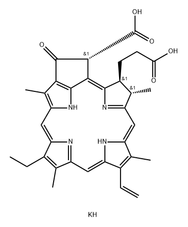 dipotassium [3S(3a,4beta,21beta)]-21-carboxy-14-ethyl-4,8,13,18-tetramethyl-20-oxo-9-vinylphorbine-3-propionate 结构式