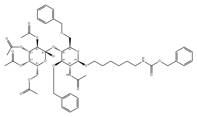 Carbamic acid, 6-2-(acetylamino)-2-deoxy-3,6-bis-O-(phenylmethyl)-4-O-(2,3,4,6-tetra-O-acetyl-.beta.-D-galactopyranosyl)-.beta.-D-glucopyranosyloxyhexyl-, phenylmethyl ester 结构式